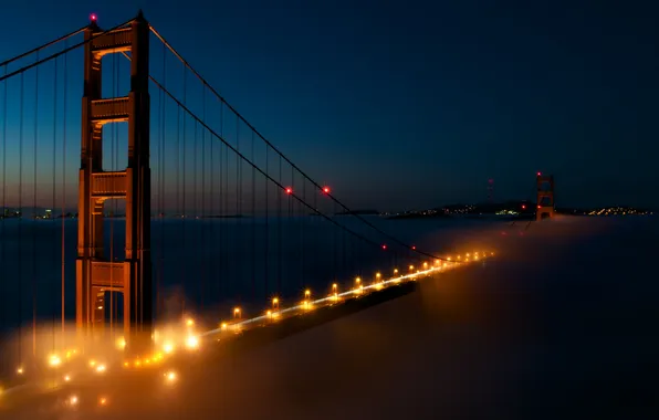 Мост, огни, вечер, золотые ворота, США, Сан Франциско, San Francisco, Golden Gate