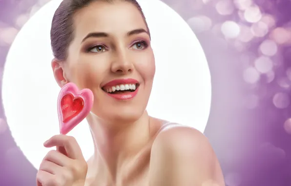 Картинка радость, улыбка, блики, фон, настроение, макияж, прическа, сердечки