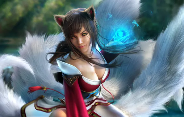 Девушка, лиса, League of Legends, Ahri, fox girl, by Sevenbees