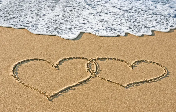 Картинка песок, море, вода, любовь, настроения, сердце, сердечки, написано