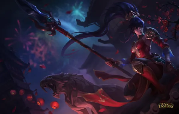 Цветы, копье, League of legends, Nidalee, Lol, Нидали, нефритовый тигр