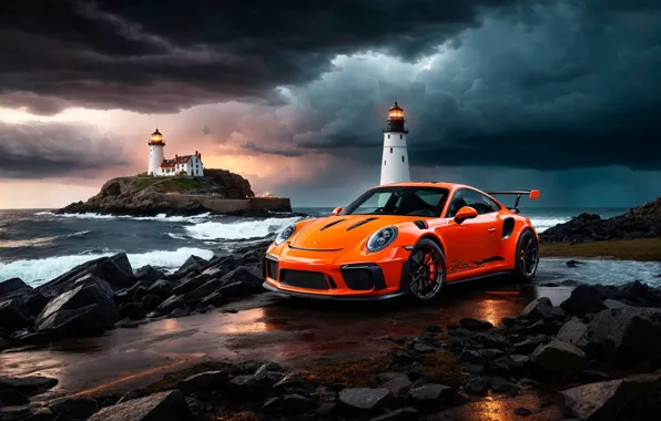 Море, машина, авто, остров, Porsche 911, маяки, Porsche 911 GT3 RS, нейросеть