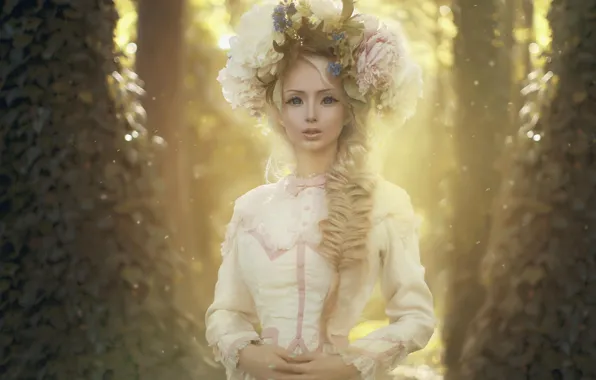 Картинка девушка, пейзаж, цветы, природа, кукла, платье, венок, photo by Katerina Plotnikova