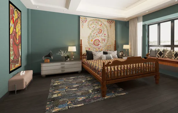Дизайн, стиль, комната, интерьер, The Warmth of West Bengal Bedroom, спальня «Тепло Западной Бенгалии», Indian …