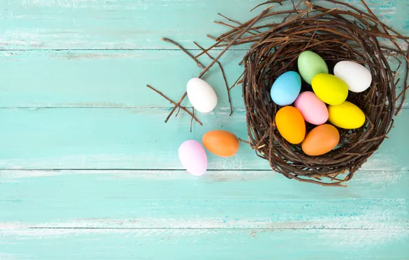 Картинка корзина, яйца, весна, colorful, Пасха, wood, spring, Easter