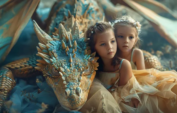 Взгляд, морда, дети, поза, голубой, дракон, девочки, фэнтези