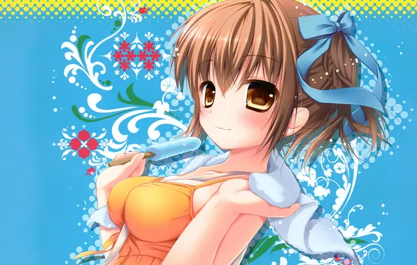 Girl, cleavage, blouse, brown eyes, boobs, anime, beautiful, short hair
