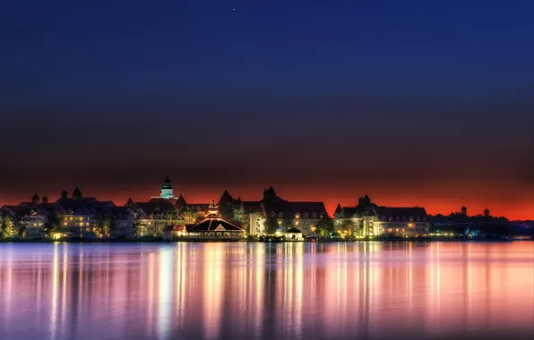 Картинка ночь, город, огни, озеро, Walt Disney World