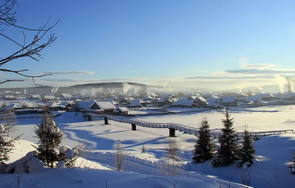 Зима, пейзаж, мост, река