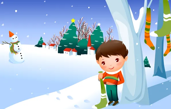 Картинка зима, снег, мальчик, снеговик, посёлок, ёлки, детские обои