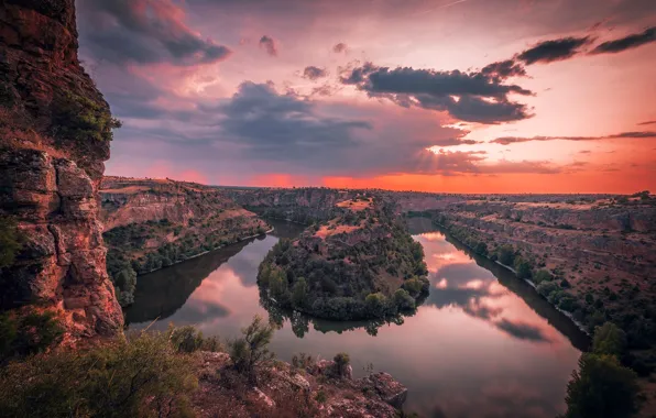 Закат, река, скалы, Испания, Spain, Сеговия, Segovia, Duratón River