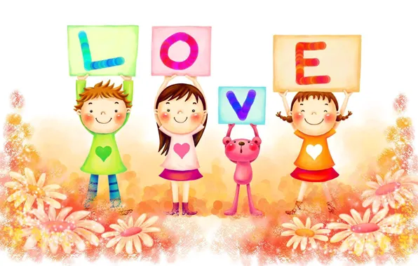 Картинка любовь, радость, счастье, дети, буквы, настроения, ромашки, ярко