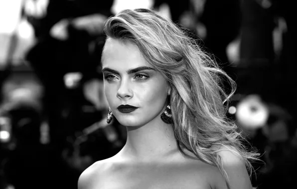 Поза, модель, актриса, черно-белое, hair, black and white, Cara Delevingne, Кара Делевинь