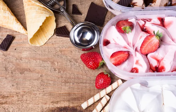 Ягоды, шоколад, клубника, мороженое, wood, ice cream, вафельный рожок