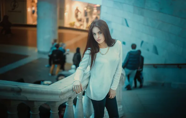 Style, brunette, necklace, stairs