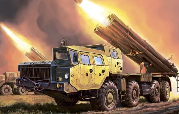 Картинка car, grass, military, army, artwork, missiles, military vehicle, frontal view