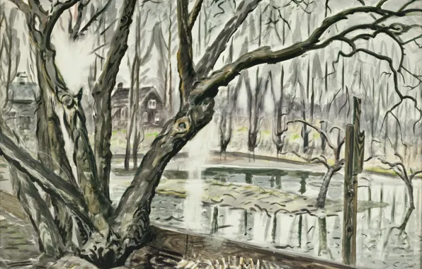 1947, Charles Ephraim Burchfield, Spring Landscape With Trees and Pond