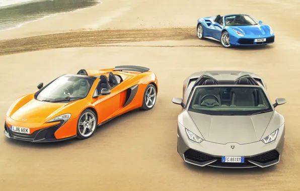 Картинка песок, авто, след, McLaren, Lamborghini, Ferrari, феррари, Blue