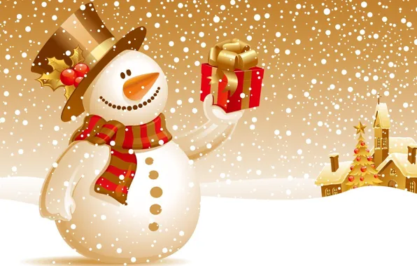Зима, снег, подарок, новый год, снеговик, christmas
