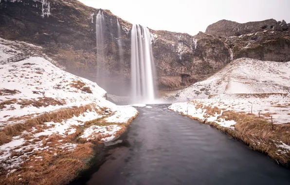 Картинка зима, река, водопад