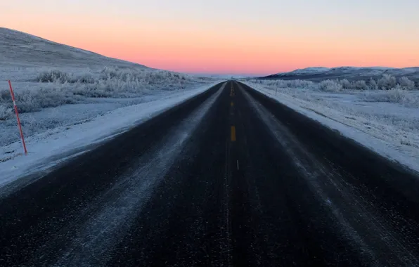 Twilight, road, sunset, winter, snow, hills, dusk