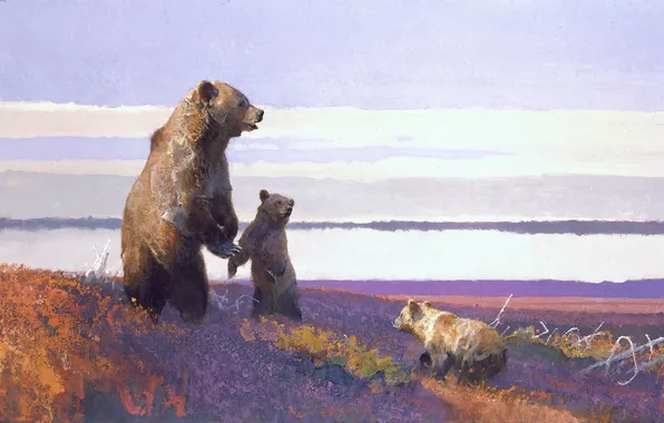Картинка животные, картина, медведи, арт, медвежата, медведица, Bob Kuhn