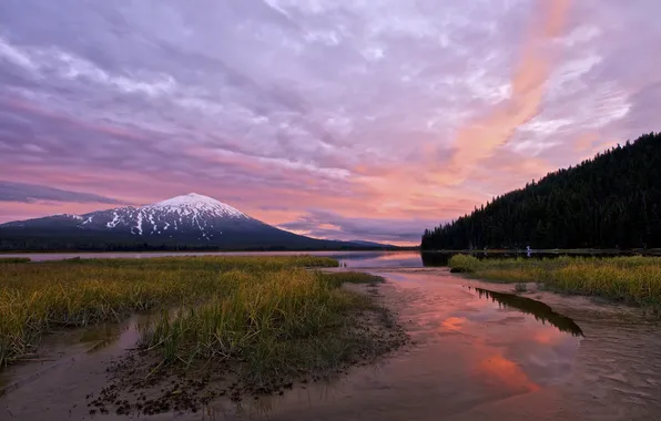 Картинка лес, закат, озеро, гора, Орегон, США