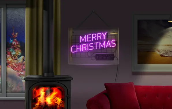 Christmas, winter, neon, window, living room, interior, sofa, picture