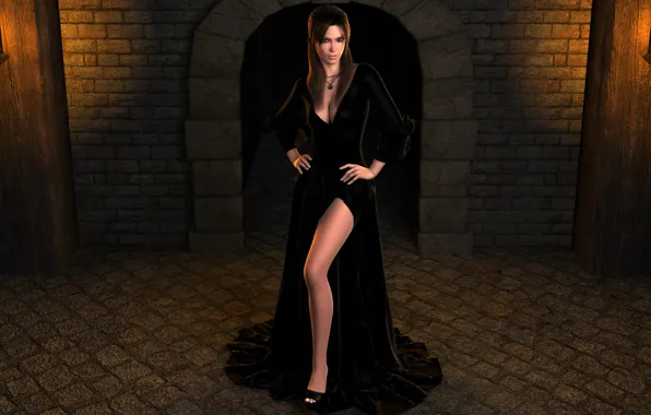Картинка взгляд, девушка, нога, чёрное платье