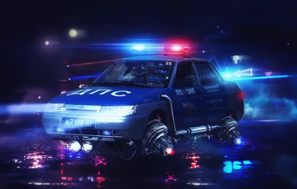 Ночь, ДПС, Машина, Полиция, Fantasy, Арт, Art, Police