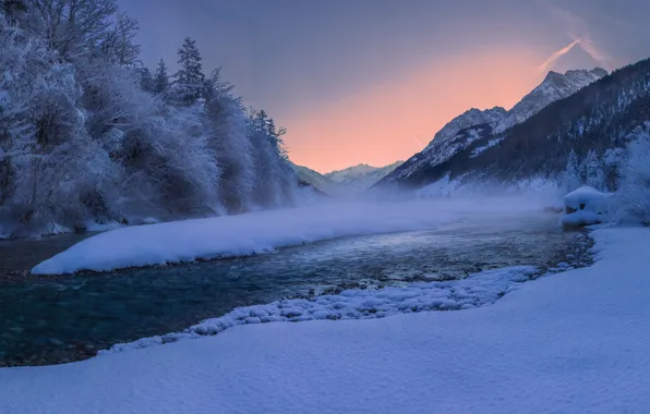 Зима, лес, снег, деревья, горы, река, Австрия, Альпы