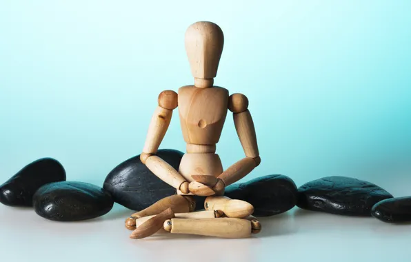 Wood, stones, doll, yoga pose, human body, proportions
