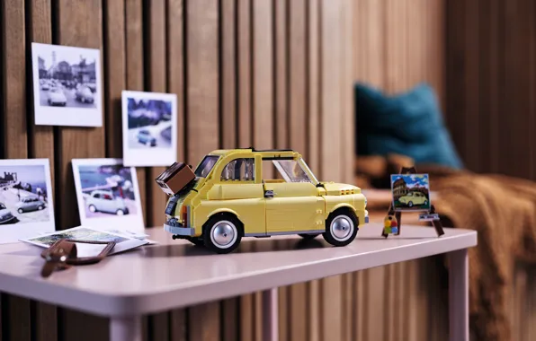 Картинка Желтый, Стол, LEGO, Fiat 500, LEGO Fiat 500, Игрушечный автомобиль, Toy Car