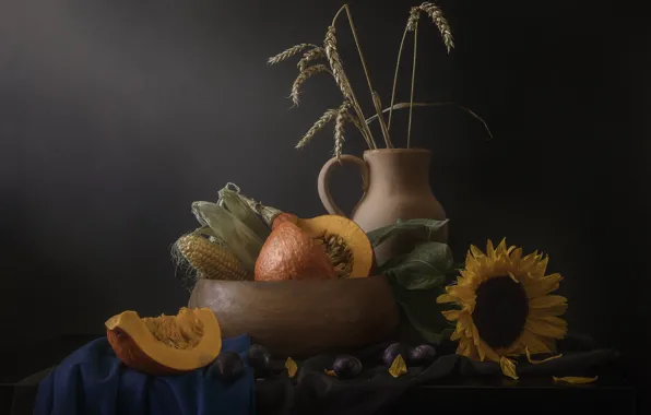 Цветок, листья, темный фон, стол, подсолнух, кукуруза, лепестки, ткань