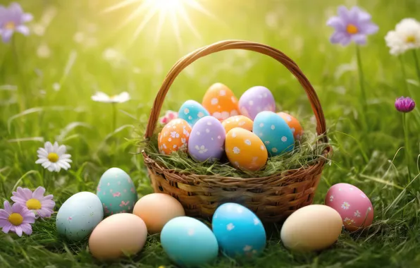 Цветы, яйца, весна, colorful, Пасха, happy, flowers, spring