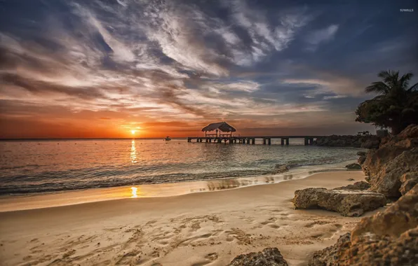 Пляж, закат, океан, вечер, причал, Карибы, Сaribbean beach, amazing sunset