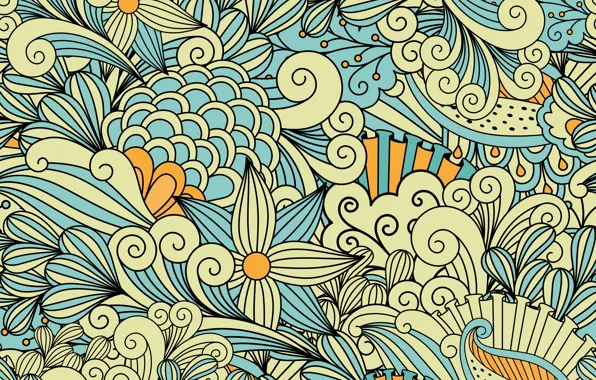 Цветы, абстракция, узор, yellow, blue, patterns, background, pretty