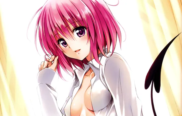 Грудь, девушка, улыбка, хвост, короткие волосы, розовые волосы, to love ru, yabuki kentarou