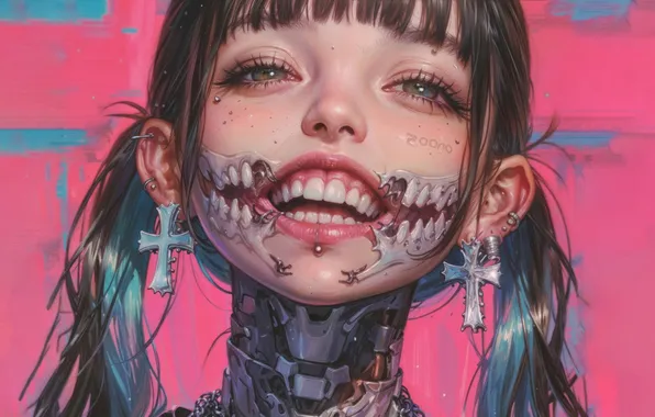 Smile, piercing, teen girl, Cyberpunk, cyborg girl, Anime Girl