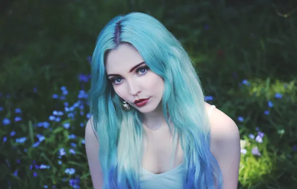 Девушка, волосы, портрет, голубые, синие