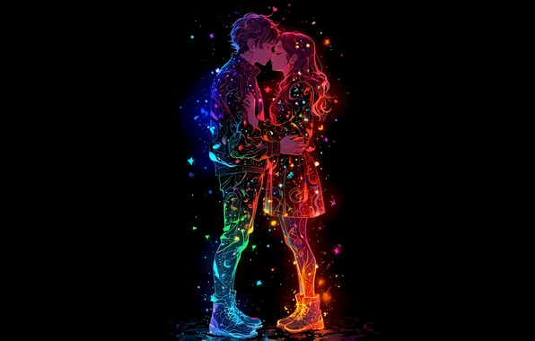 Картинка Love, Celebration, Happy Valentine's Day, Black background, Colorful art, Kissing couple, Romantic kiss, Love couple