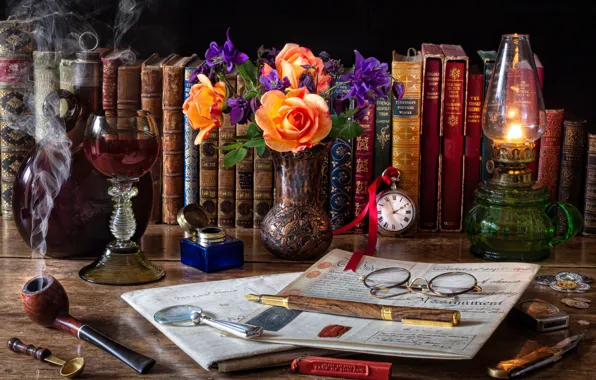 Цветы, стиль, часы, книги, бутылка, лампа, розы, трубка