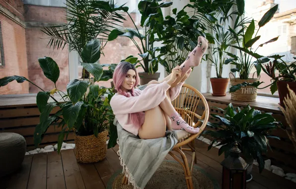 Ass, panties, pink hair, model, chair, women, brunette, plants