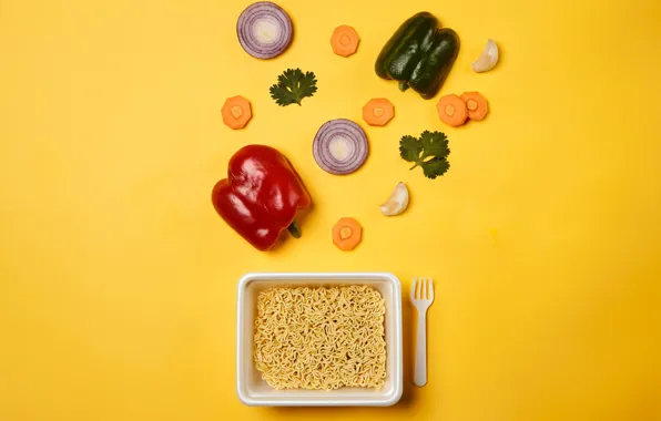Лук, перец, вилка, овощи, морковь, желтый фон, fork, peppers