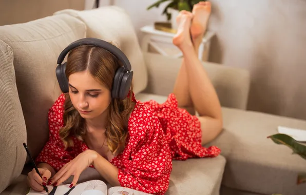 Long hair, headphones, model, brunette, gorgeous, photoshoot, posing, red dress
