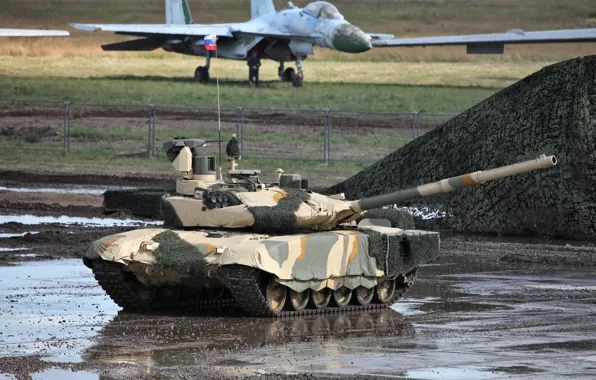 Фары, Т-90МС, Су-27 на заднем плане, Российский танк, накидка на танке