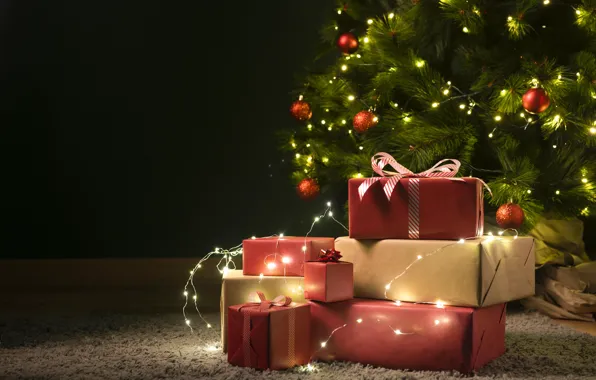 Картинка украшения, lights, елка, Рождество, подарки, Новый год, christmas, wood
