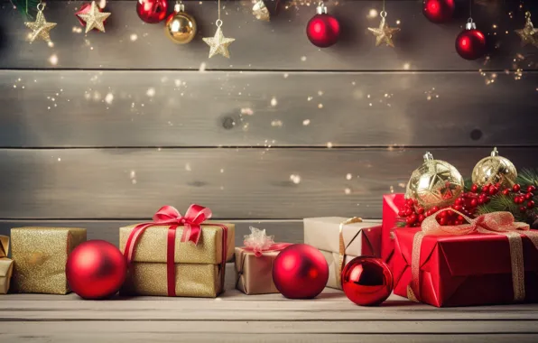 Украшения, шары, Новый Год, Рождество, подарки, red, golden, new year