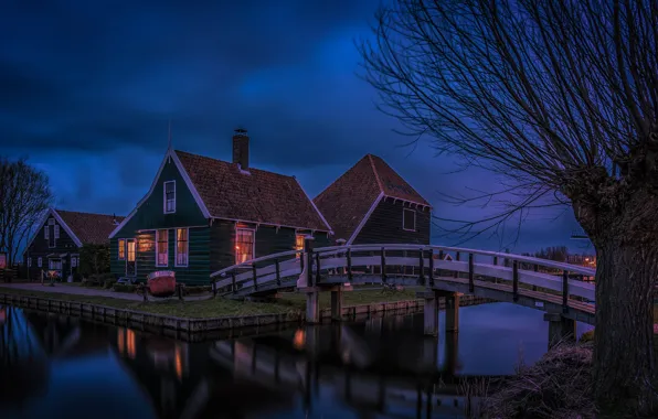 Картинка ночь, мост, дома, деревня, Нидерланды, Заансе Сханс