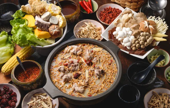 Грибы, суп, овощи, морепродукты, блюда, ассорти